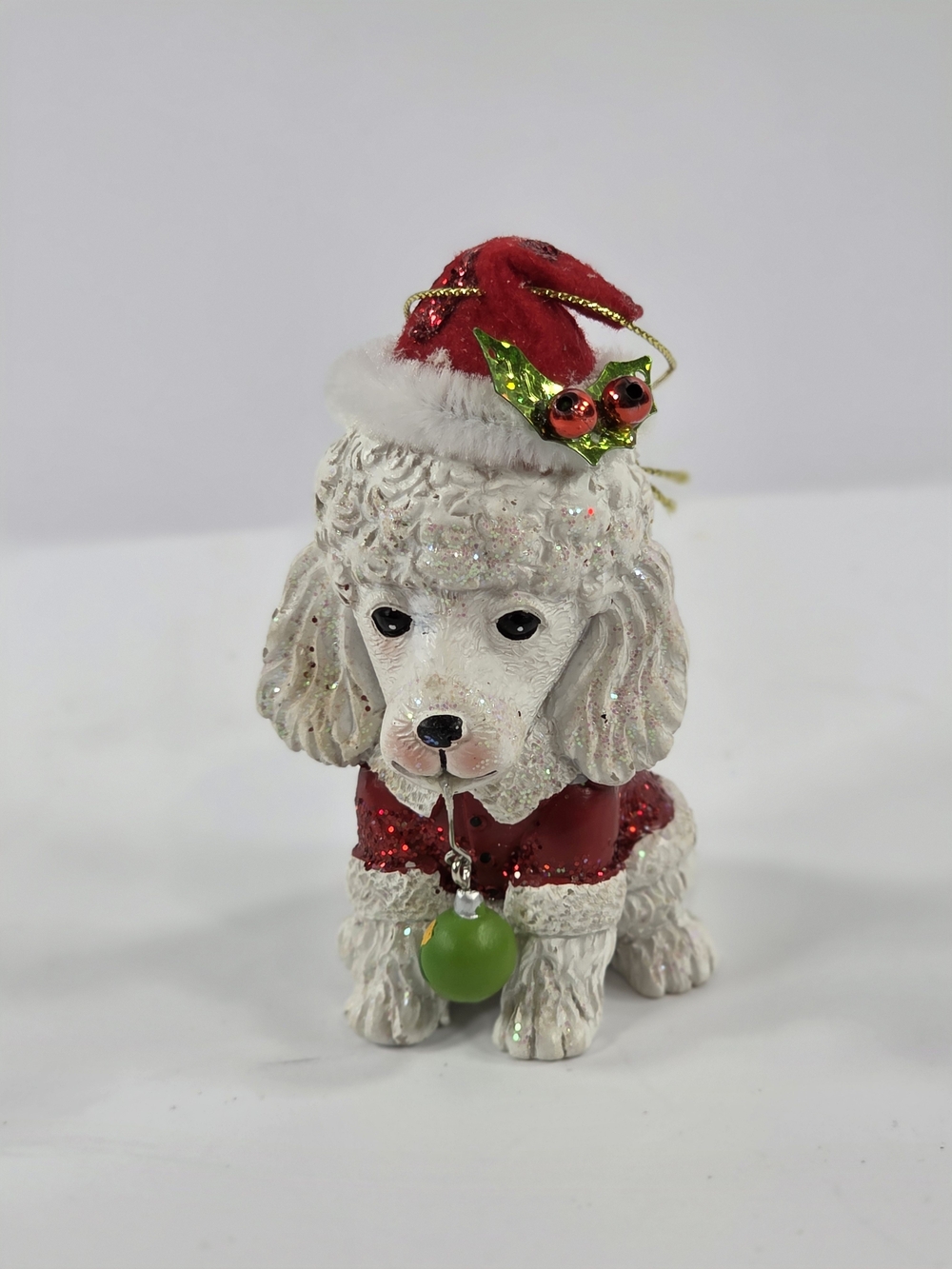 Vintage Pier 1 Poodle Christmas Ornament With Santa Hat & Glitter Accents